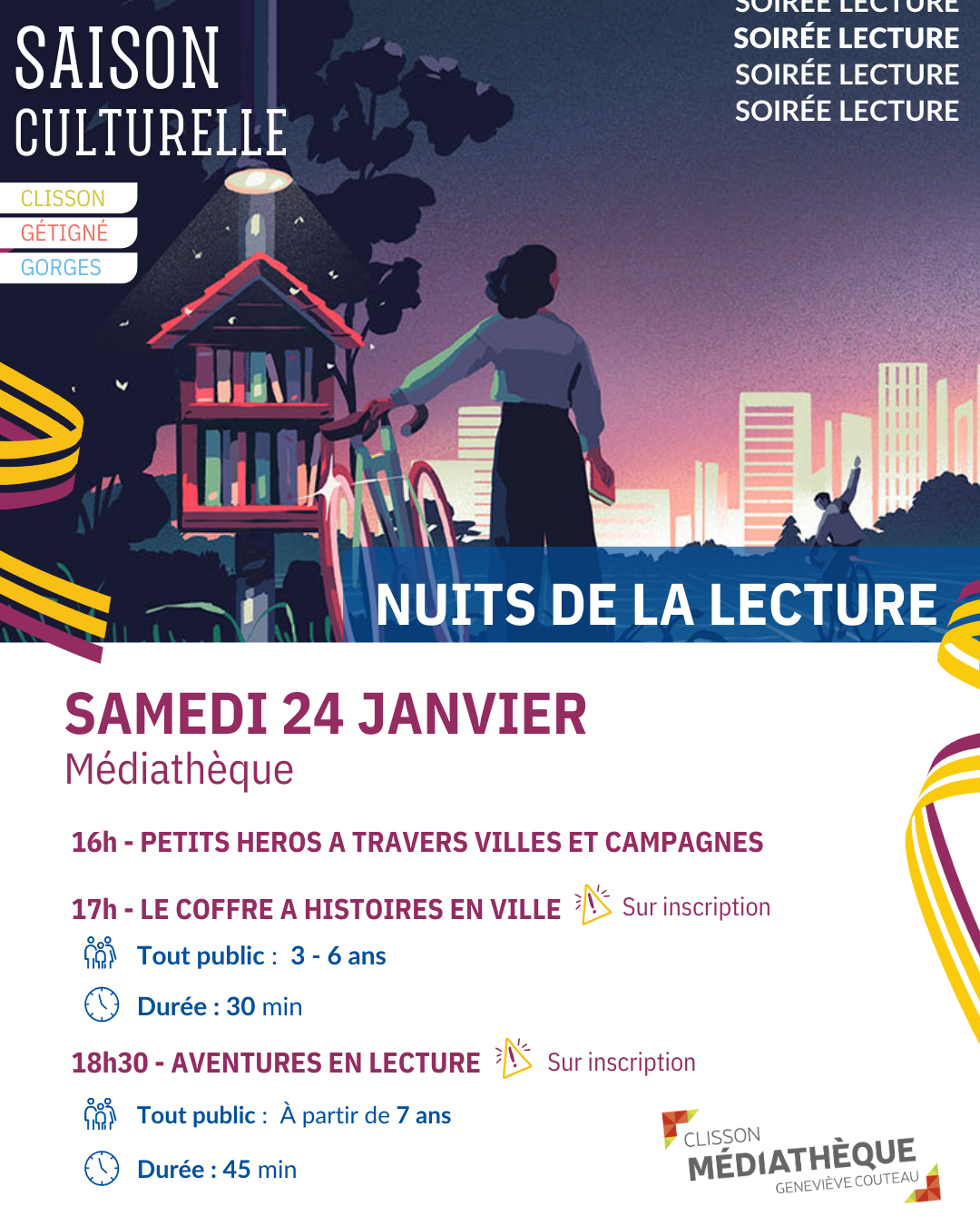 Affiche Nuite de la Lecture - Médiathèque de clisson 23 et 24 janvier 2026