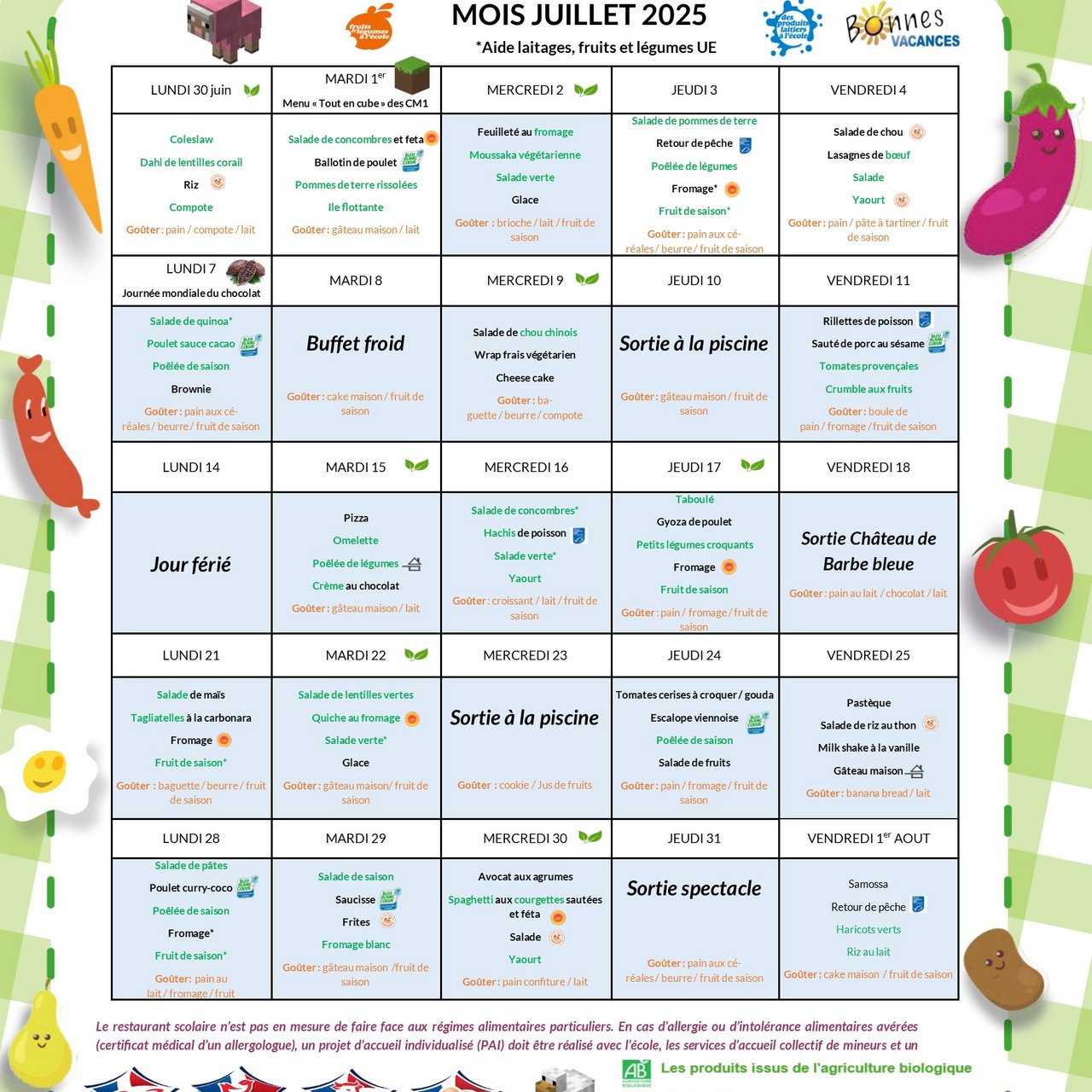 Menus de juillet
