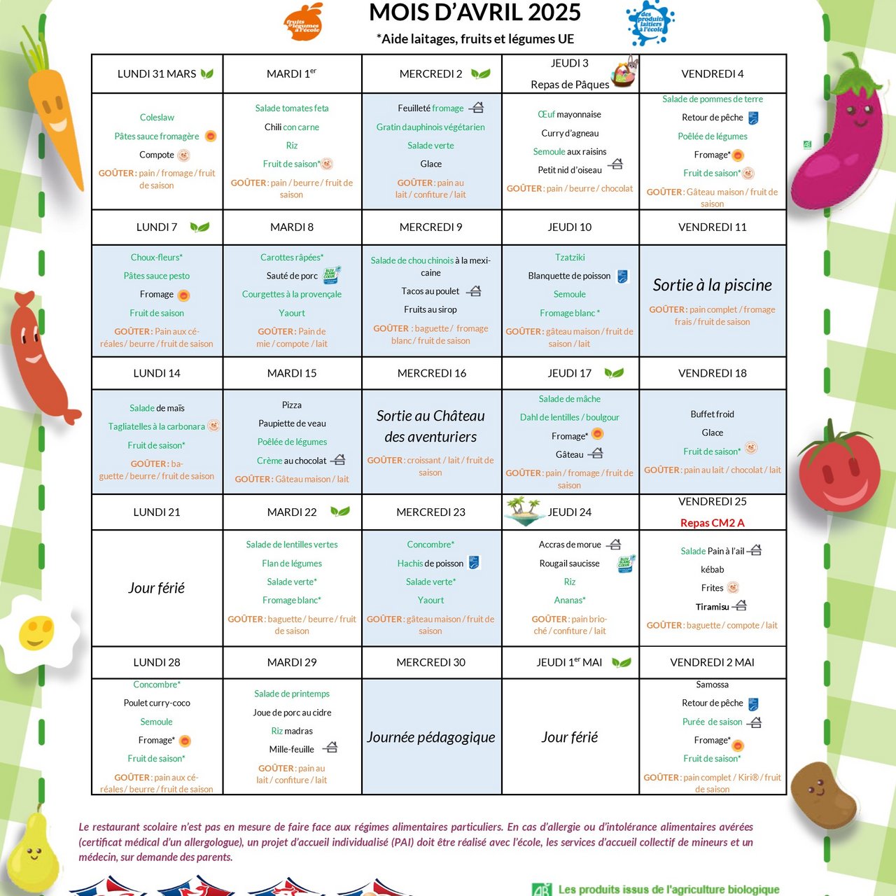 Menus d'avril 2025