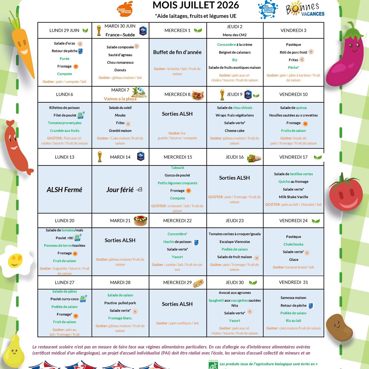 Menus de juillet